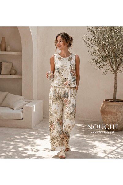 Nouche KADIN PALMİYE DESEN KALIN ASKILI BOL KESİM EV GİYİM