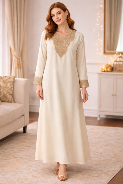 Artemea By Styli Cream Festive Jalabiya with Embroidered Neckline
