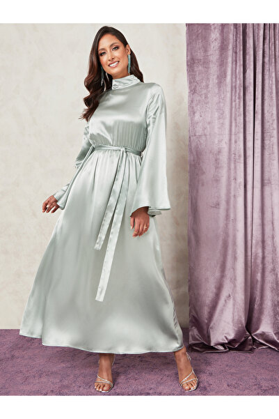 Styli Long Flared Sleeves High Neck Satin Maxi Dress with Tie Belt