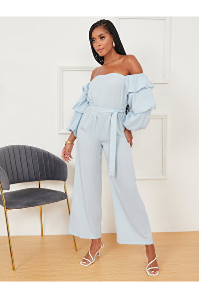 Styli Off Shoulder Wide Leg Jumpsuit with Tie Belt