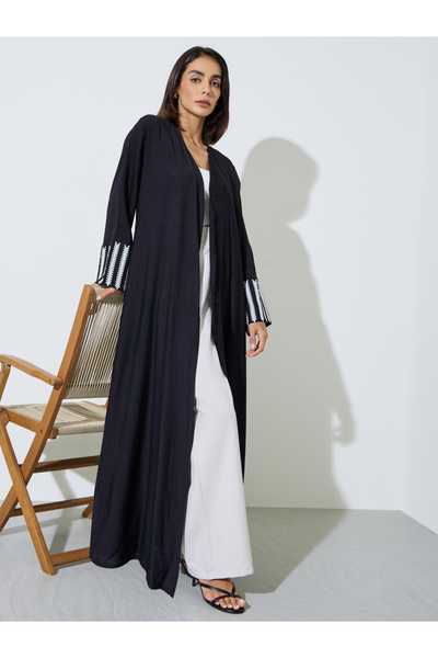 Amirah By Styli Black Embroidered Batwing Sleeves Open Front Abaya