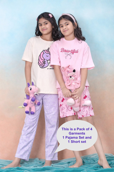 Artemea By Styli Pack of 2 - Girls Graphic Print Pyjama and Shorts Set