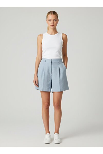 Sibel Günay Butik Baby Blue 100% Cotton Linen Shorts with Pockets and Elastic...