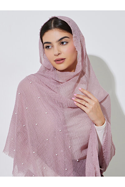 Amirah By Styli Pink Studded Pearls Hijab with Frayed Edge
