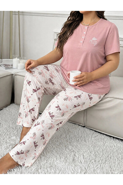 SOFT AURA Large Size Pink Floral Print Three Button 100% Cotton Women's Pajam...