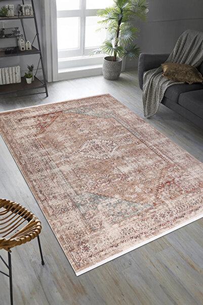 ANTIQUE HOME Vintage Klasik Desenli Krem Bej Halı Polipropilen Hav İpliği Mak...