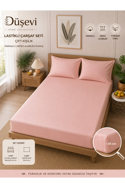 DüşEvi Double Ranforce Fabric Elastic Sheet Set – Breathable Soft Textured Ki...