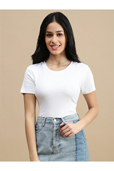 De Moza By Styli White Cotton Ribbed Fitted T-Shirt