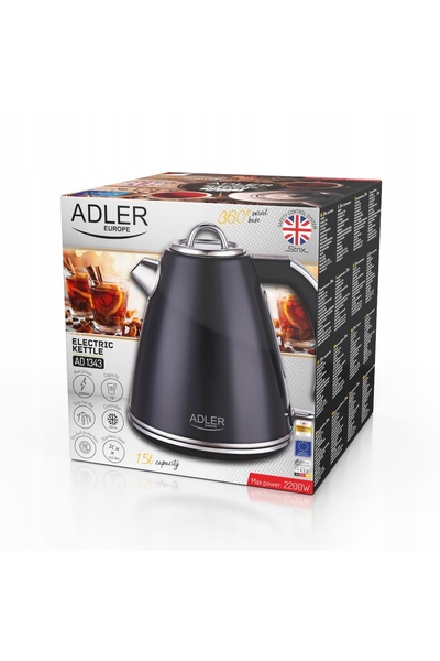 adler Ceainic electric fără fir din metal, 1,5 L, Strix, negru