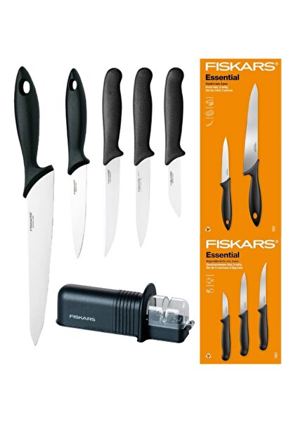 FiSKARS Set esențial de 5 cuțite (de bucătărie + pentru legume) în cutie + as...
