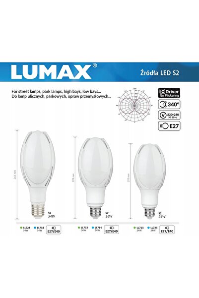 LUMAX Bec LED de exterior de mare putere 24W 4000lm 4000K E27/E40 230V LL713