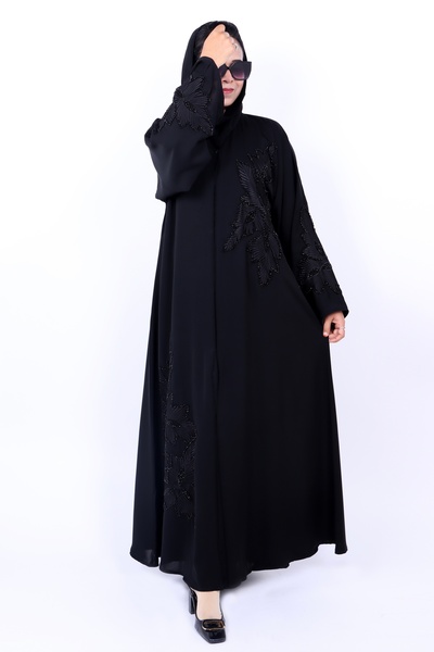 Izzah Bella * Elegant Black Embroidered Abaya with Beaded Leaf Appliqué Detai...