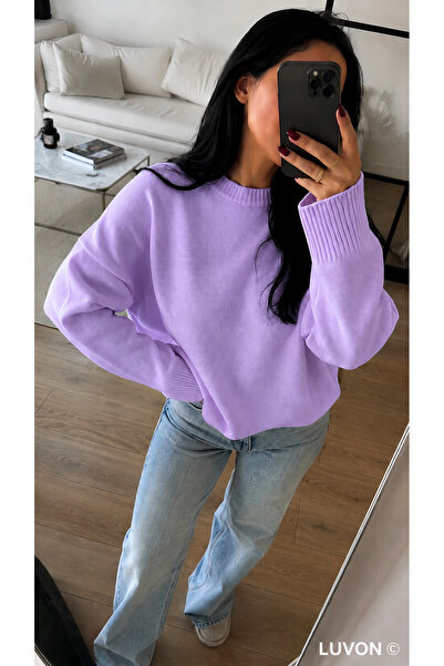 LUVON Lilac Crew Neck Oversize Knitwear Women's Sweater