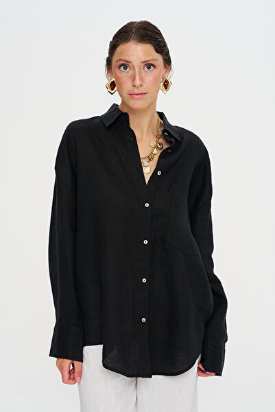 Orfeo Negro Women's Single Pocket Flowy Relaxed Fit 100% Linen Shirt