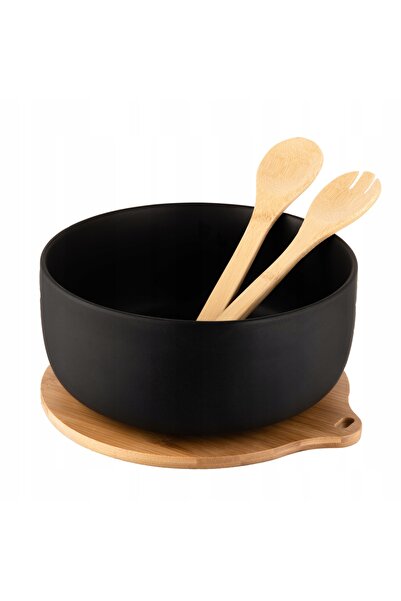 NO BRAND Florina Adria Bol pentru salată negru de 3.5L cu suport din bambus 25cm