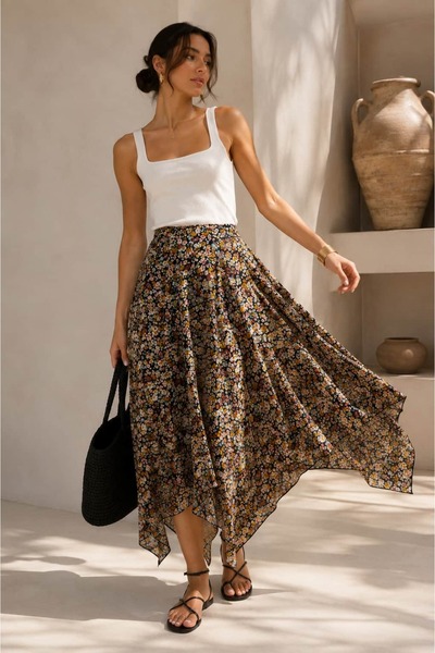 bb butik basic Patterned Asymmetrical Chiffon Skirt – Lined Midi Skirt Wpr10