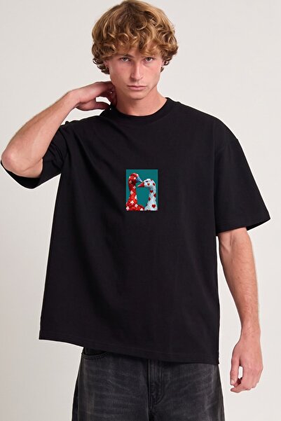 GIA - ART Men's Oversize T-Shirt Birds Atelier Printed Black – Crew Neck, Com...