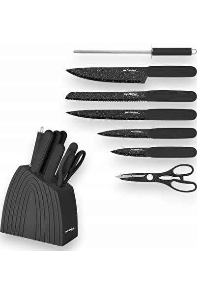 Masterpan Set de cuțite de bucătărie în bloc negru, 8 piese, ascuțitoare, foa...