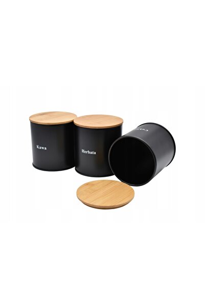 P S hmü Set de recipiente metalice negre, 3 piese Cafea, Ceai, Zahăr Complete