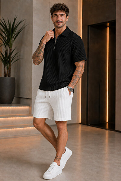 FECCY Premium Ribbed Ottoman Fabric Zipper Detailed Unisex T-Shirt and Shorts...
