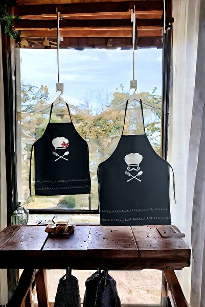 KEDİ Chef Hat with Mustache and Ribbon Detail, Black 2-Piece Kitchen Apron Set