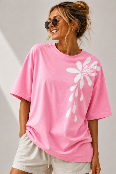 ArtYus Minimal Floral Printed Crew Neck Casual Unisex Oversize T-Shirt - Flor...