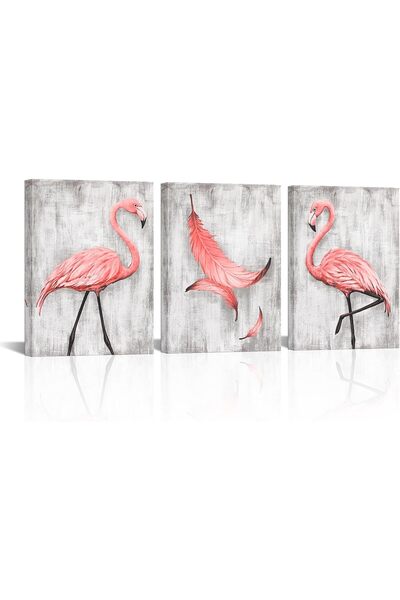 HOME MODE 30x40 cm 3 Panel Gallery Wrapped Canvas | Pink Flamingo Feather Wal...