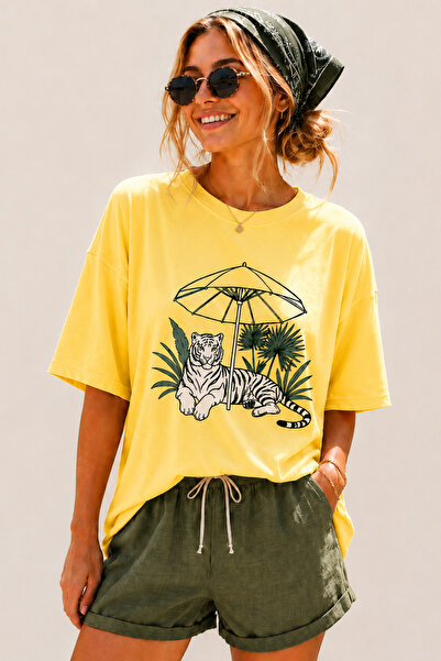 ArtYus Tiger Printed Crew Neck Casual Unisex Oversize T-Shirt - Safari Themed...
