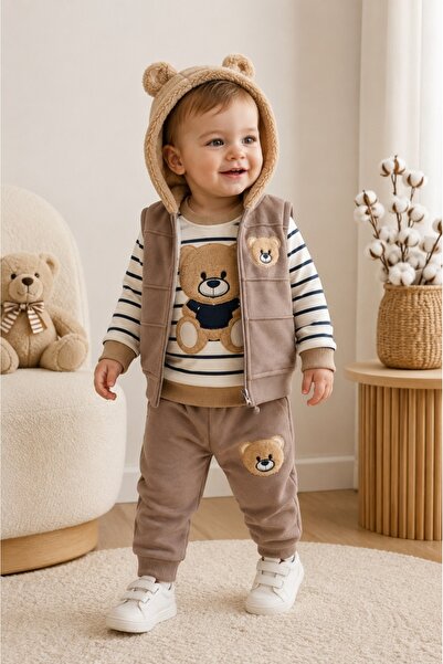 Pure Boutique Set bebe 3 piese maro din bumbac cu bluza, vesta cu gluga si pa...
