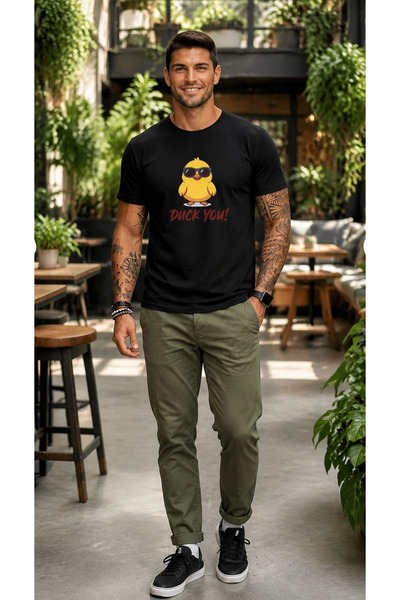 Duzor Black Men's T-Shirt 100% Cotton Duck You Angry Duck Printed Crew Neck O...
