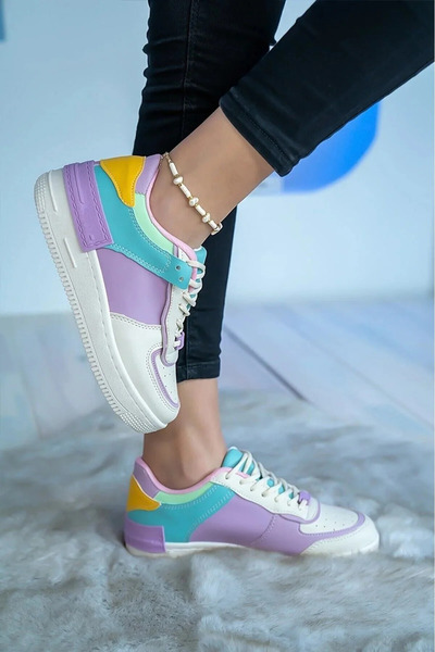 BENİMOLSUN Kadın Beyaz Lila Sarı Yeşil Renkli Sneaker