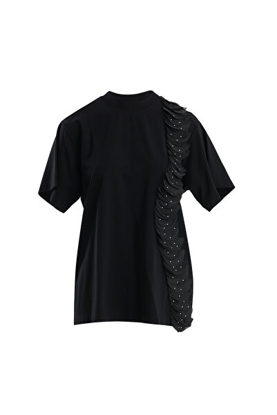 GİZİA Tül Şerit Aksesuarlı Siyah T-Shirt