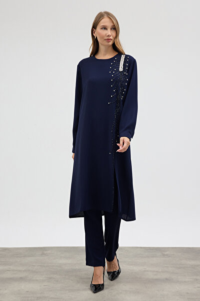 VAVİNOR Stone Embellished Plus Size Suit - Navy Blue