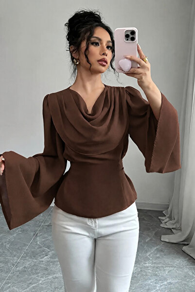Deafox بلوزة من قماش الكريب ذات ياقة مستديرة باللون البني وأكمام طويلة وحزام ...