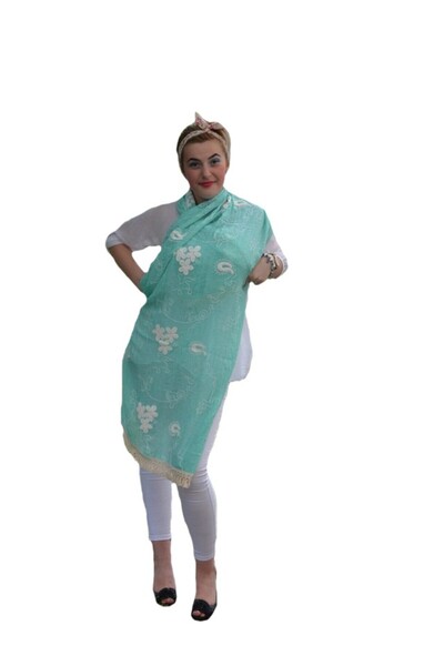 OEM Esarfa turcoaz cu design broderie contrastanta si franjuri scurte