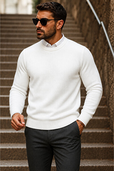 comstar Men's Daily Trend Crew Neck A.White Knitwear Sweater