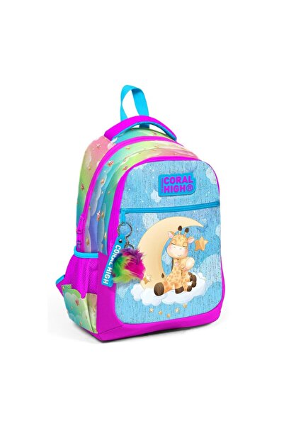 Coral High Kids Blue Pink Giraffe Patterned Three Compartment School Backpack...