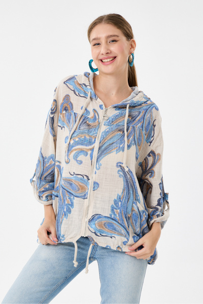 della moor Beige Italian Shawl Pattern Hooded Zippered Oversize Jacket Blouse...