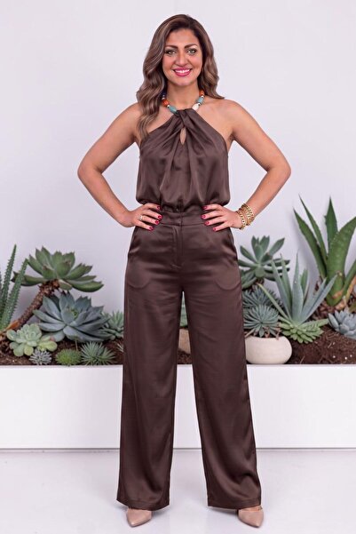 Moda Amore Halter Neck Beaded Accessory Satin Blouse Wide Leg Pants Double Se...