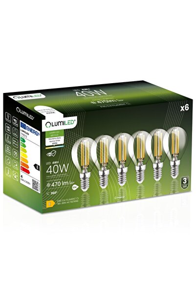 Lumiled 6x Bec LED E14 tip bilă P45 4W = 40W 470lm 4000K Neutră 360 °   FILAMENT