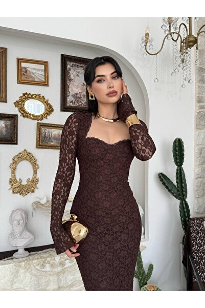 Moda Days Rochie midi din dantelă maro pentru femei, cu decolteu în formă de ...