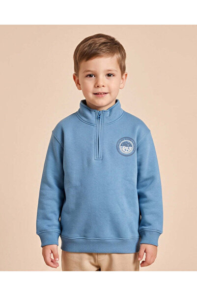 REDTAG Boys Teal Printed 1/4 Zip Placket Sweatshirt