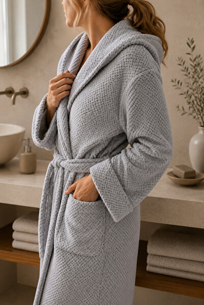 Menderes Home La Notte Halat de baie cu glugă din tricot de orez S/M Gri
