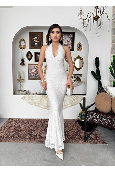 Moda Days Rochie lungă de ocazie pentru femei, ecru, din dantelă, cu decolteu...