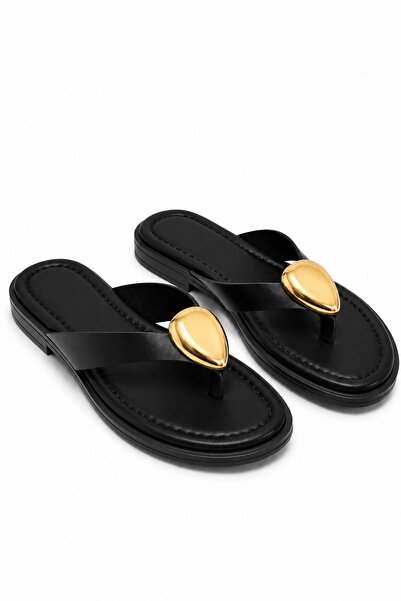 İX Luisa Women's Gold Buckle Detailed Flip-Flops Comfortable Slippers