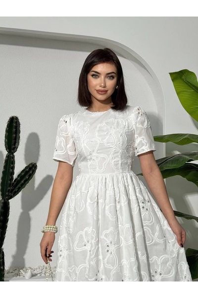 Clothes Fast Rochie midi ecru pentru femei, cu decolteu tip bicicletă, broder...