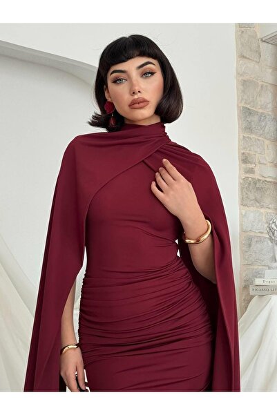 Clothes Fast Γυναικείο μπορντό φόρεμα μίντι με λεπτομέρεια από ύφασμα καπέλας...