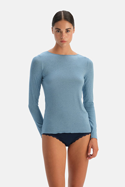 Dagi Light Blue Modal Cashmere Boat Neck Long Sleeve Top