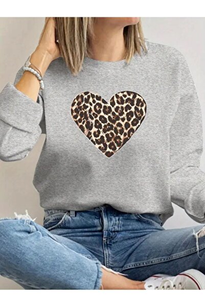 JENOLAN Women's Leopard Heart Printed Crew Neck Gray Black Sweatshirt Oversiz...
