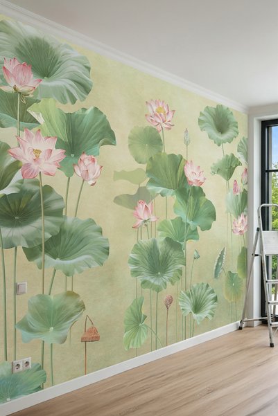 dreamwall Soft Lotus Çiçekleri ve Devasa Yeşil Yaprak Motifli Tek Parça Tekst...